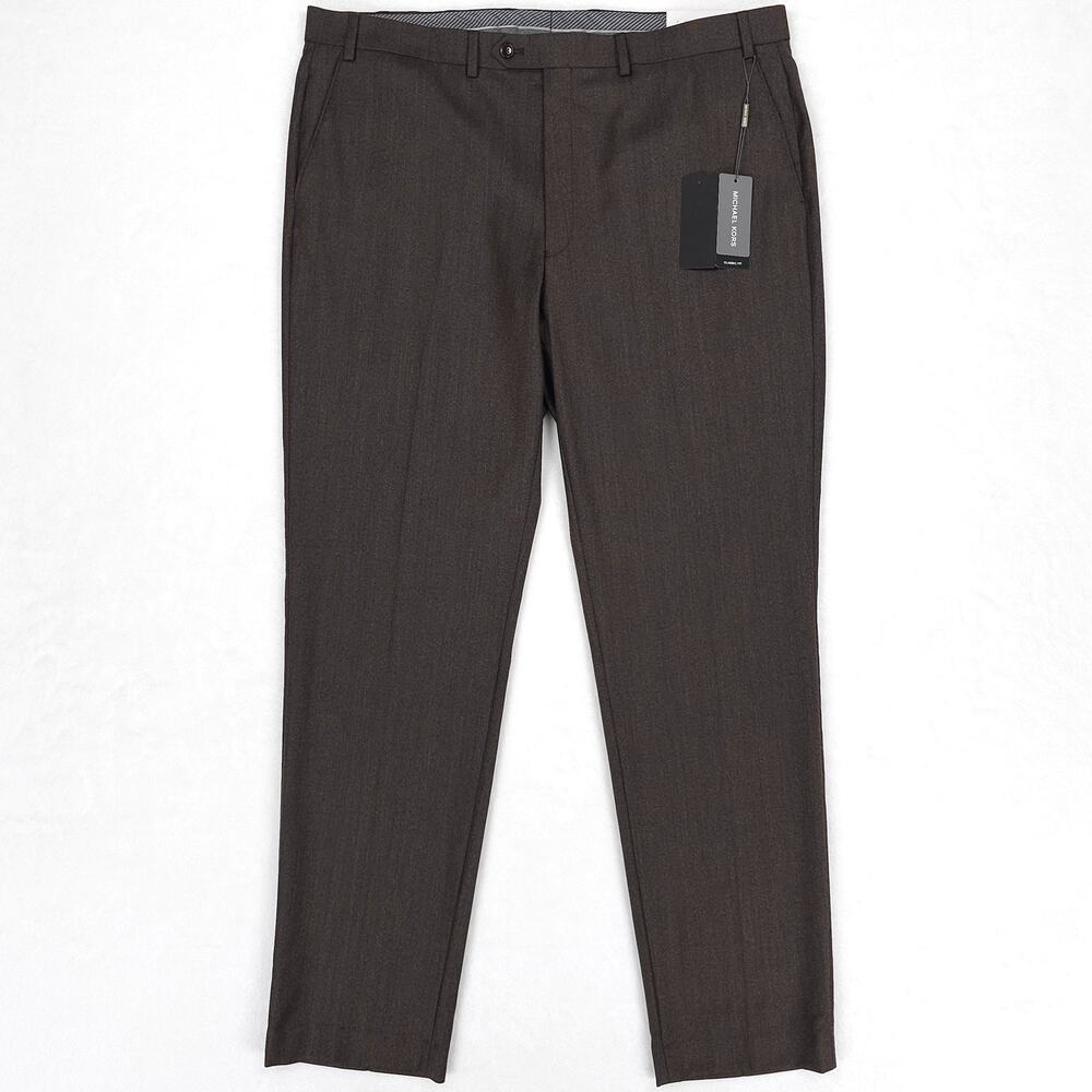 Michael Kors Mens Classic Fit Suit Pants 42x32 Brown Solid Stretch Wool Twill